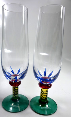 Kosta Boda Ken Done Palm Tree Fluted Champagnes Art Glass Signed