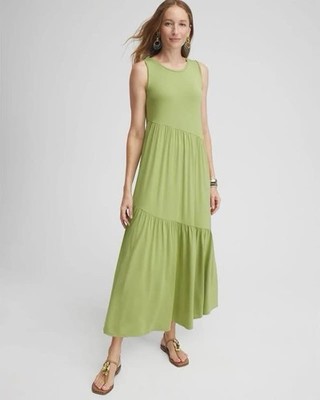 Chicos Sleeveless Maxi Dress Size 4 (XXL) Spanish Moss Asymmetric Tiered Boho