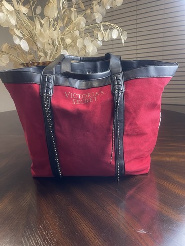 Victoria's Secret Large Tote Bag Red Canvas Black Trim Bronze Studs New 23" x 13 - Picture 2 of 9