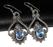 925 Silver Plated Blue Topaz Earrings Handmade Jewelry Size 1.8" MJ