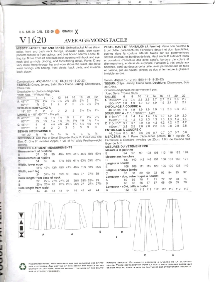 Vogue V1620 Misses 14-22 Tom Linda Platt Pants Suit Uncut Sewing Pattern 1620 - Image 2 of 2