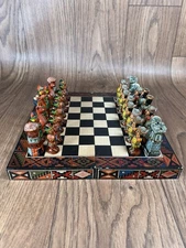 PERUVIAN CHESS SET - INCAS vs CONQUISTADORS Handmade Clay Painted w/ Travel Box
