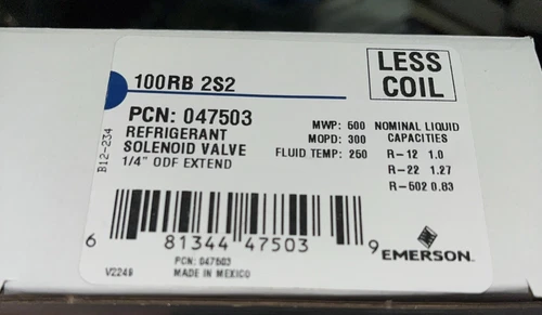 Emerson Refrigerant Solenoid Valve Less Coil 100RB 2S2 1/4” ODF 047503 NIB