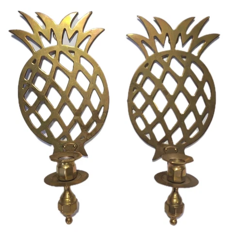 2 Gold Brass Metal Pineapple Wall Sconce Candle  Holders Sconces Fruit Tropical