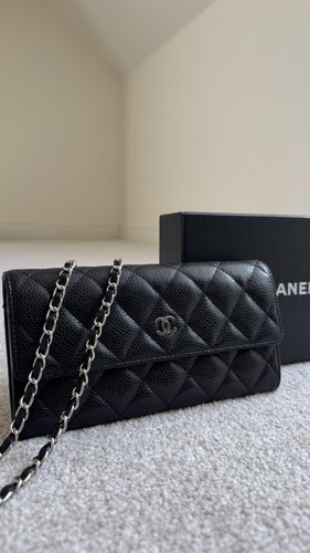 CHANEL Matelasse Caviar Skin Wallet in Black Silver Hardware with added chain