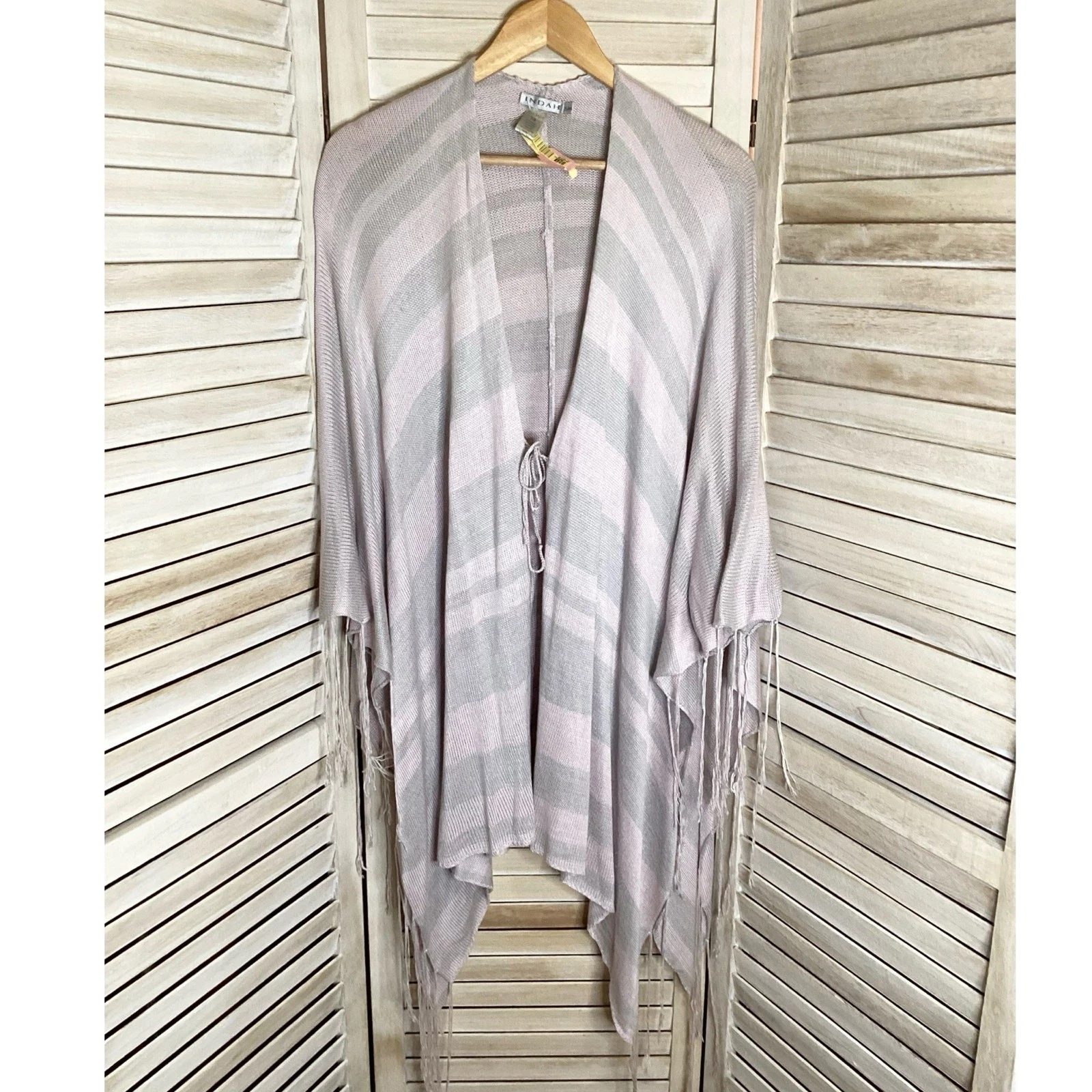 Indah Gray Pink Stripe Fine Gaige Knit Fringe Ruana Beach Poncho XS/S