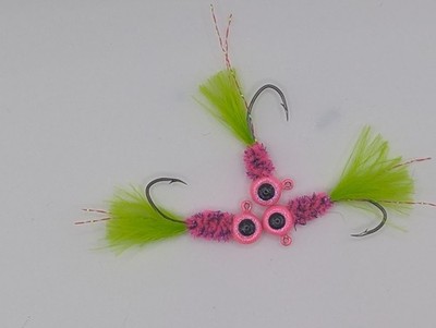 Hand tied crappie jigs 1/16 ounce Maribou HOLO Pink Chartruese 3pk