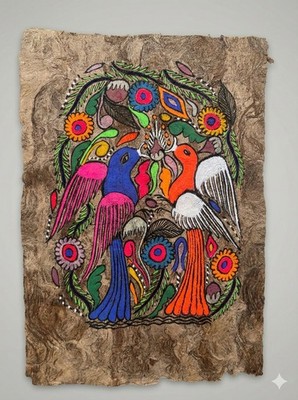 Original Vintage Mexican Folk-Art Painting Amate Bark Paper 13.5'' × 9.5''inches