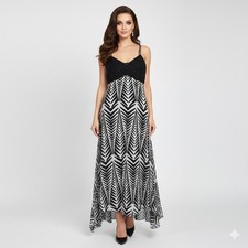 ECI Maxi Dress Womens 8 Gray Black Crochet Beaded Asymmetric Micromesh Chevron