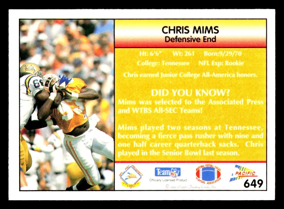 1992 Pacific #649 Chris Mims Tennessee Volunteers Rookie - Image 2 of 2