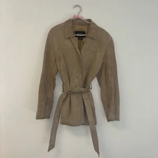 VTG Suede Leather Women’s Jacket Sz L Coat Y2K Brown Tan Belted Button Up Suede