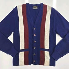 Vintage 1960s Orlon By Campus Acrylic Striped Cardigan Mens L Red White Blue