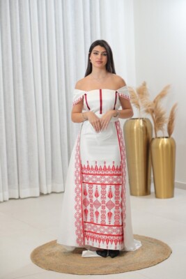 Women Palestinian Embroidered Satin Dress Traditional Tatreez Off-Shoulder