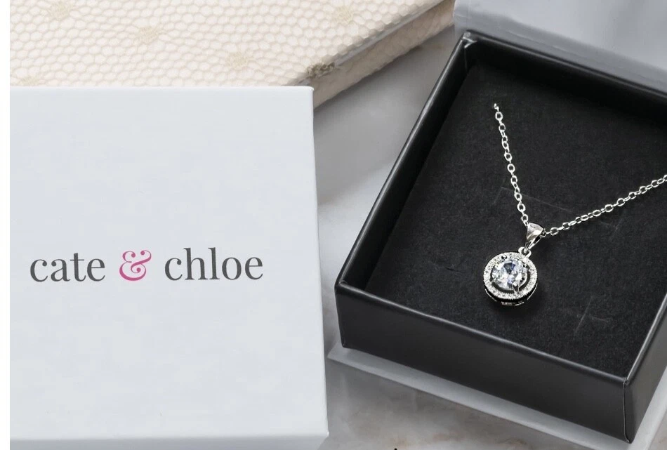 Cate & Chloe Sophia 18k White Gold Crystal Halo Necklace