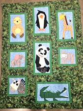 Handmade Childrens Quilt Green Squares Zoo Animals Panda Zebra Elephant