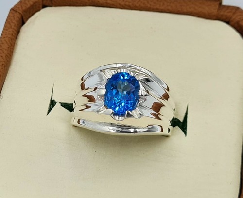 Natural Blue Topaz With 14K White Gold Plated Silver Ring for Men's AJ597 - Picture 2 of 11