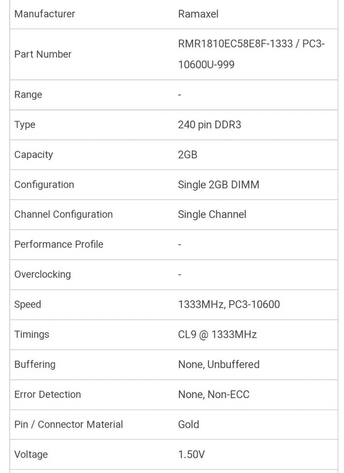 Ramaxel 2GB 1Rx8 PC3-10600U-999 RAM MEMORY RMR1810EC58E8F-1333 - Image 2 of 2