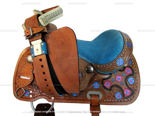 TRAIL WESTERN SADDLE KIDS CHILD PLEASURE HORSE FLORAL TOOLED LEATHER 10 12 13 - Picture 9 of 10