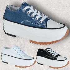 WOMENS LADIES CANVAS FLATFORM PLATFORM LACE UP TRAINERS PUMPS CASUAL SHOE SIZE