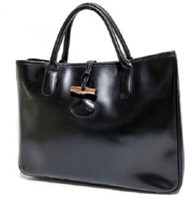 Pre owned LONGCHAMP Roseau Black Leather Tote Hand Bag Ship From JAPAN