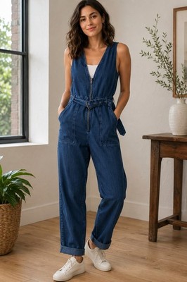 RACHEL COMEY TARGET Womens Jumpsuit Size 2 Blue Denim Belted Sleeveless Cuffed