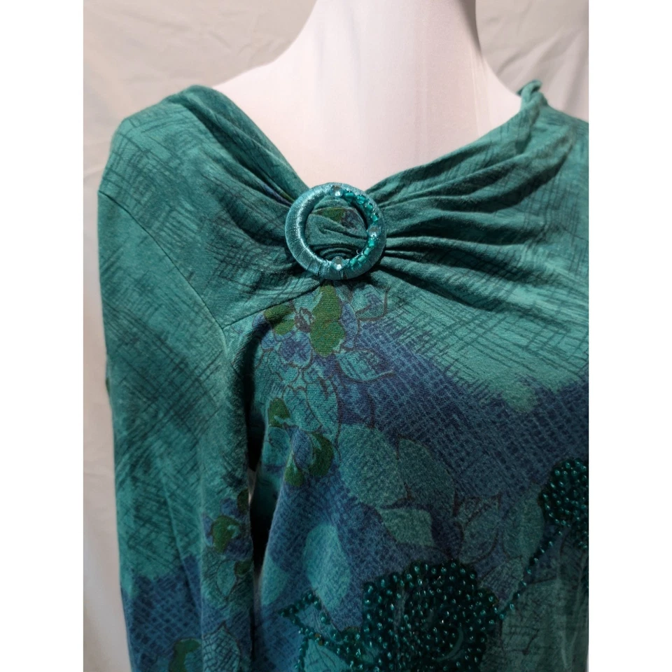 Coldwater Creek Sequin Top Size Small Green Blue Floral Print Boho Bloomcore - Image 2 of 4