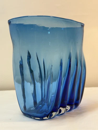 MCM Blenko Blue Ribbed Glass Vase. Clear Casing #8905 🐝