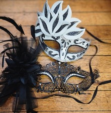 Lot of 2 Venetian Masquerade Masks Black Laser Cut Metal White Swan Lake Ball