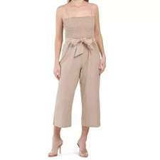 HOUSE OF HARLOW 1960 Linen Blend Smocked Top Jumpsuit Tan Size XS