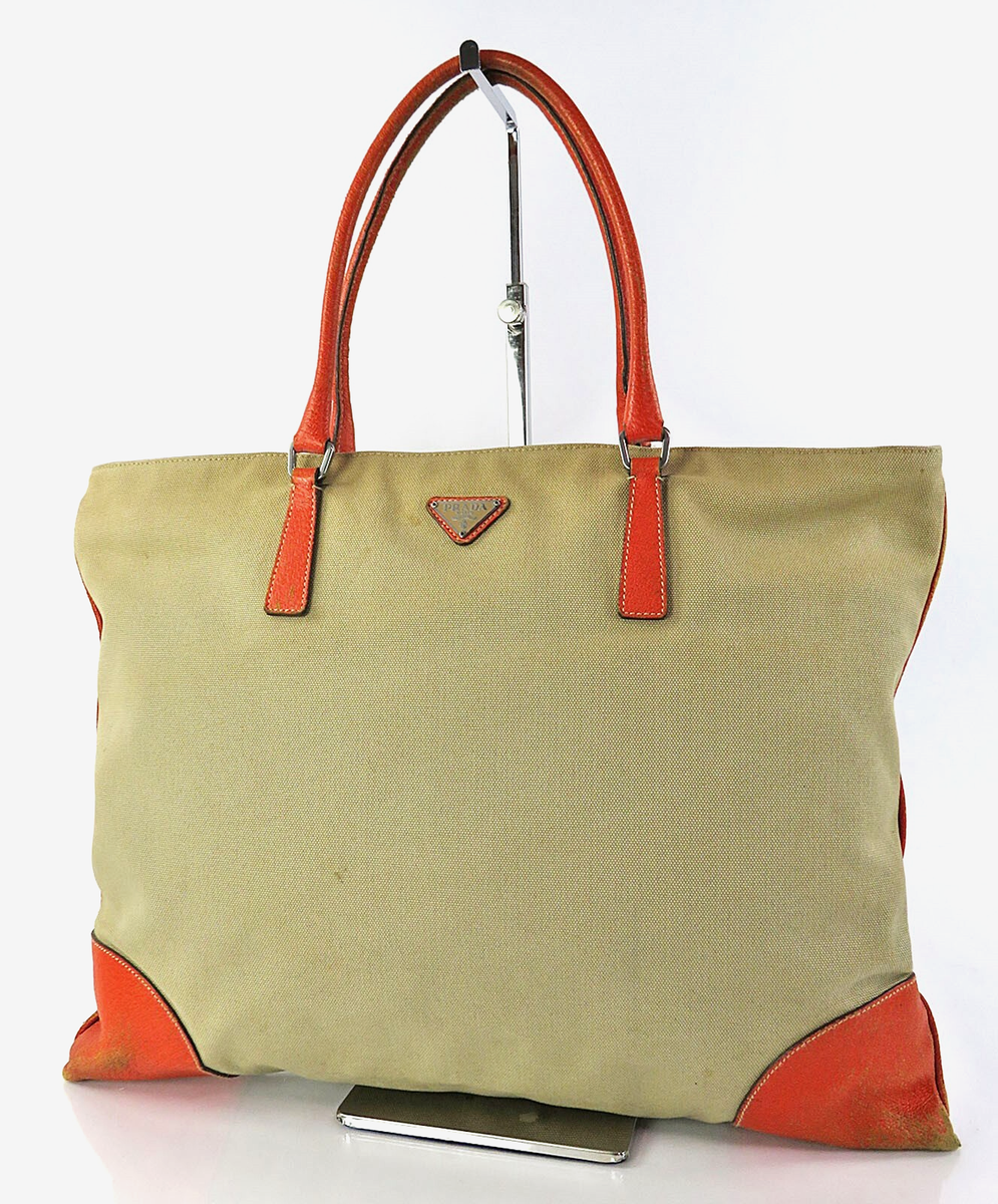 Authentic PRADA Beige Canvas and Orange Leather Tote Hand Bag
