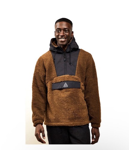 HUF Men's Brown Sherpa Pullover Jacket with Black Hood Size L
