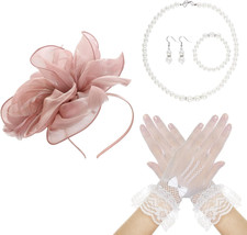 Tea Party Hat Fascinators Headband and Gloves Pearl Set for Women Tea Party Hall