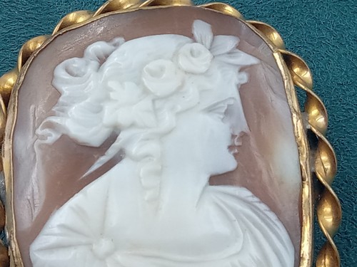 Estate Lovely Shell Cameo Pin in Ornate gold over brass setting : 1 5/8"x 1.5" - Picture 2 of 10