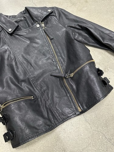 Zara women's Black Goat Skin leather Biker moto Jacket Sz Small - Picture 5 of 19