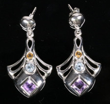 Art Deco Design 925 Silver Stud Earrings with Amethyst - Blue Topaz - Citrine Earrings