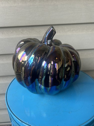Iridescent Oil Slick Halloween Pumpkin Ceramic Figurine Table Decor 8" Spooky