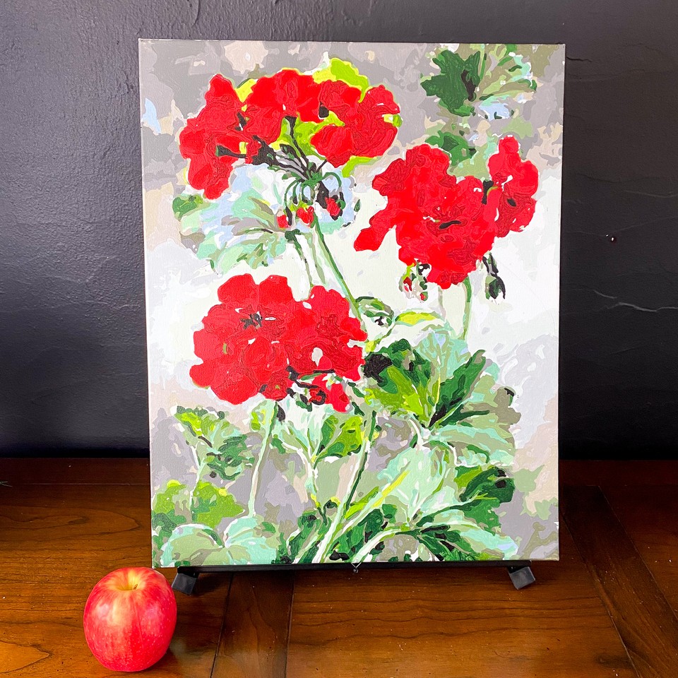 Original Painting on Canvas RED GERANIUMS Completed Paint by Numbers 20 ...