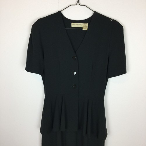Vintage 80's Liz Claiborne Peplum Dress Size 6 Womans Petite Black Short Sleeve - Picture 6 of 12