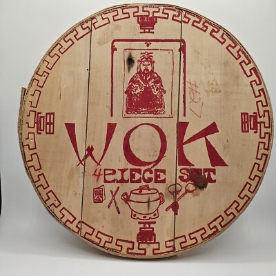 Round Wood Crate Advertising Lidded WOK & Other Asian Art Work 16'' X 7.5'' RARE