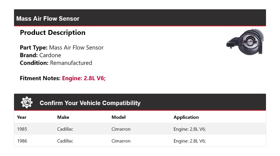 Sensor de flujo de aire masivo Cardone para Cadillac Cimarron 1985-1986 2,8 L V6 Foto 2 de 4