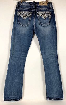 MISS ME Boot Cut Jeans Sz 27 Mid Rise Rhinestones Flap Pockets
