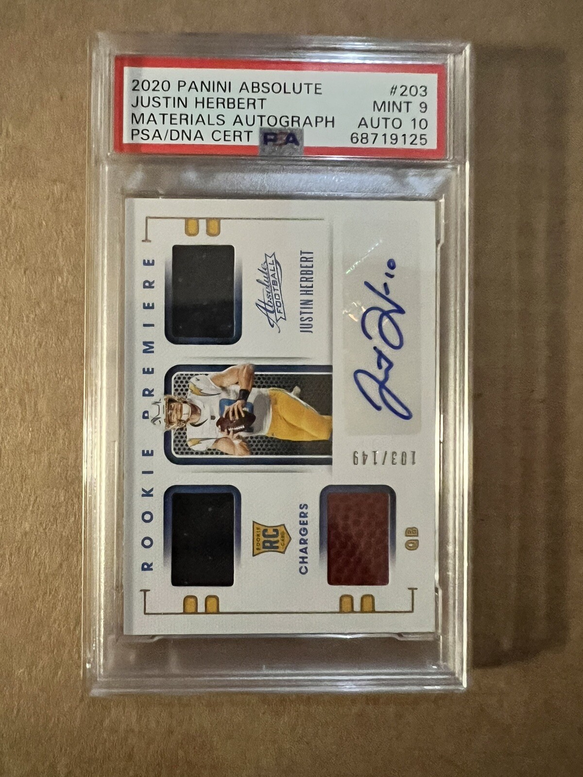 Justin Herbert Panini Absolute #203 Materials Autograph