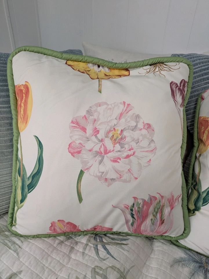 Par De Almohadas De Colección De Alta Gama Peonía Multicolor Floral Chintz Borde Verde Foto 2 de 4