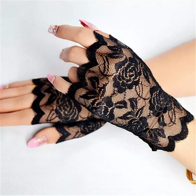 Women Lace Floral Fingerless Gloves Sun Protection Driving Gloves Summer Mittens