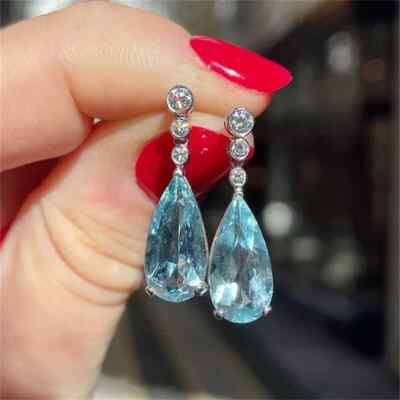 3Ct Pear Cut Lab Created Aquamarine Drop & Dangle Earrings 14K White Gold Plated