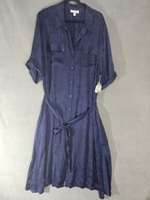 NWT Ryegrass Plus Womens 3X Shirt Dress w/ Tie Waist Navy Blue Satain Button Up