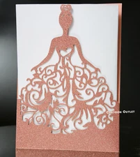 50 pc Rose Gold Quinceanera Invitations Sweet 16 Laser Cut 5 x7.3 in Glitter