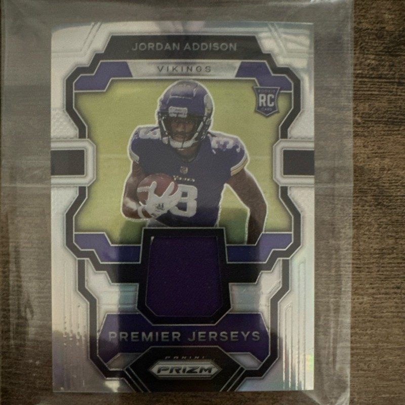 2023 Panini Prizm Premier Jerseys Jordan Addison Vikings #PJ-JA Rookie Memorabi…
