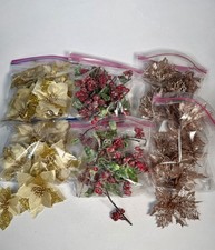 Christmas Floral Picks Lot Poinsettias Red Berries Gold Rose Gold Glitter Decor