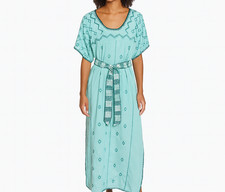 Zara Blue Green Embroidered Cotton Linen Caftan Boho Tunic Midi Dress Size M